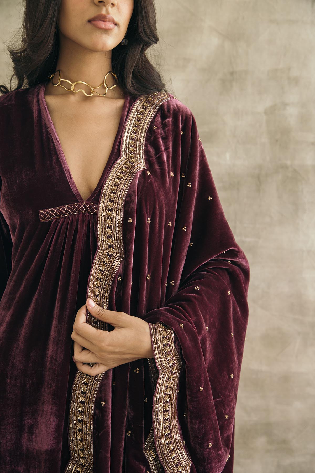 Wine Asymmetrical Silk Velvet Kurta Set