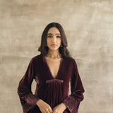 Wine Asymmetrical Silk Velvet Kurta Set