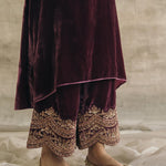 Wine Asymmetrical Silk Velvet Kurta Set