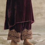 Wine Asymmetrical Silk Velvet Kurta Set