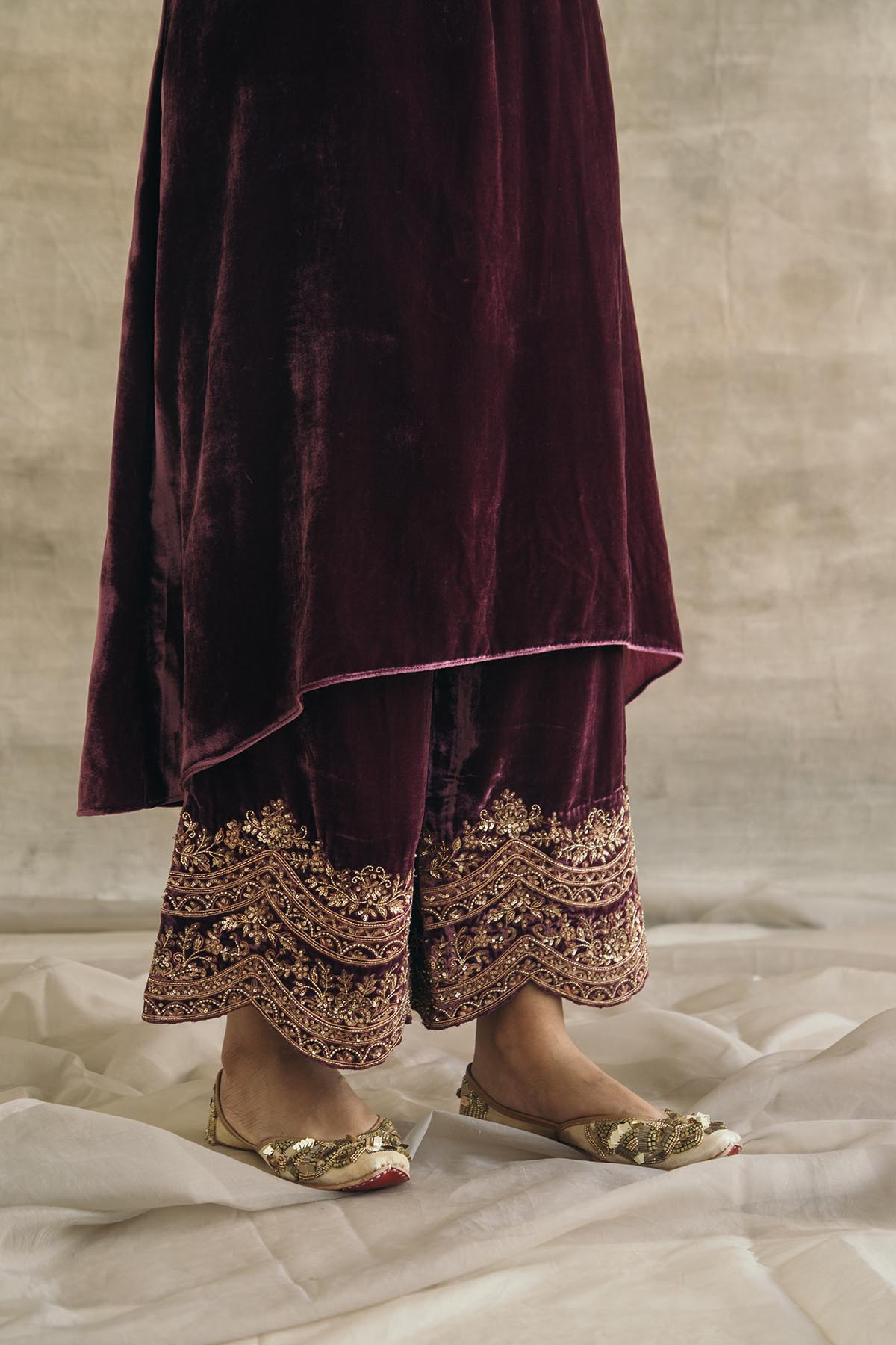 Wine Asymmetrical Silk Velvet Kurta Set