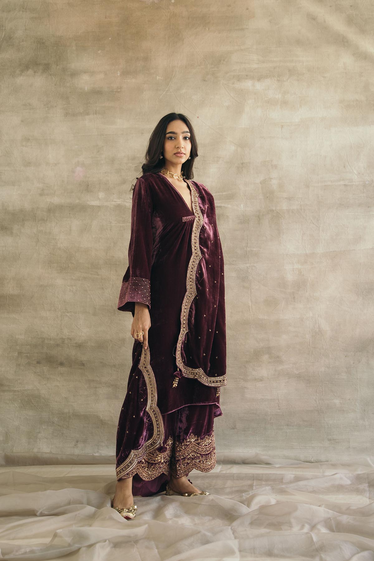 Asymmetrical Velvet Kurta Set-RTS