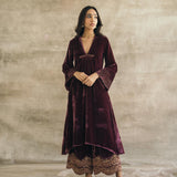 Wine Asymmetrical Silk Velvet Kurta Set