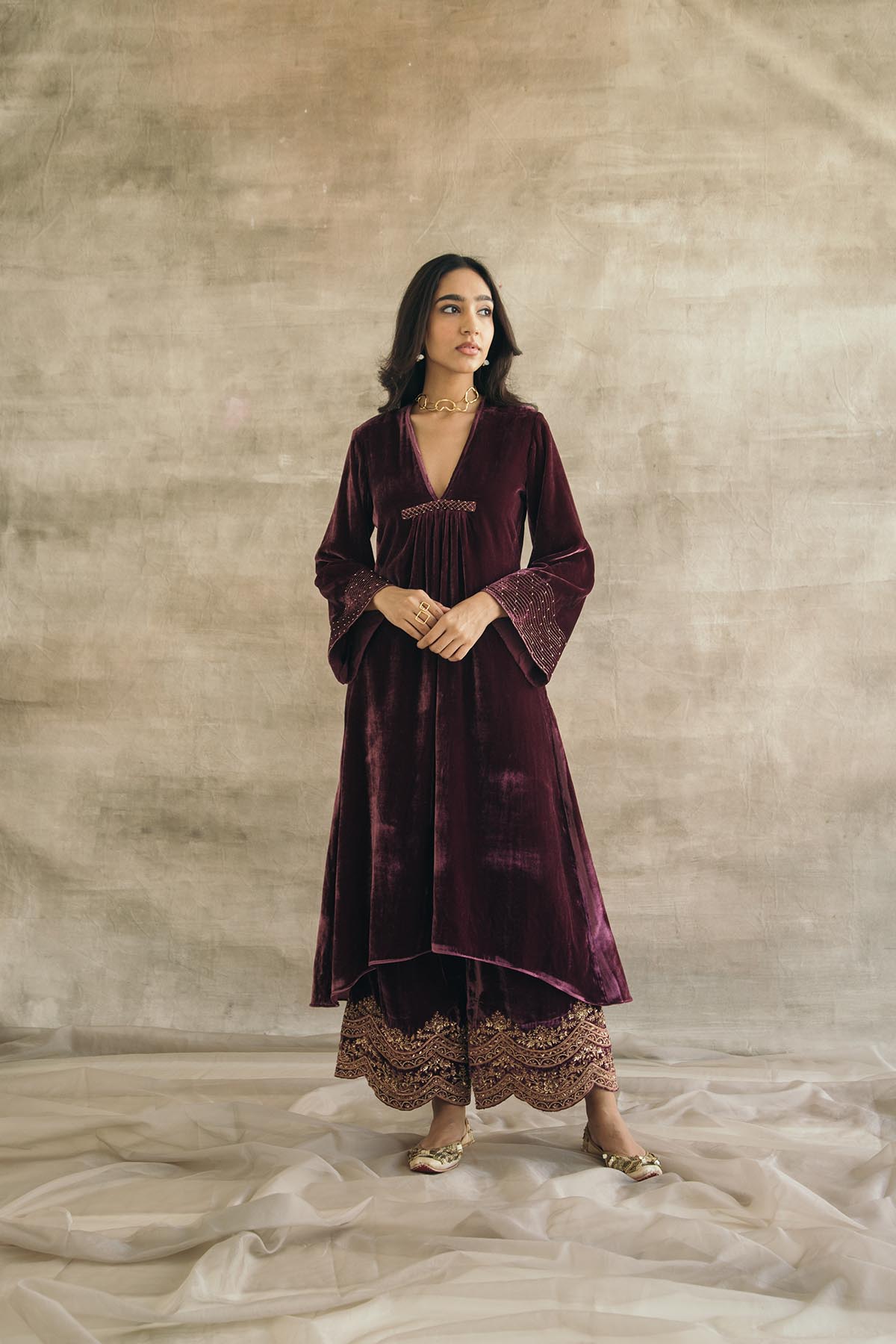 Wine Asymmetrical Silk Velvet Kurta Set