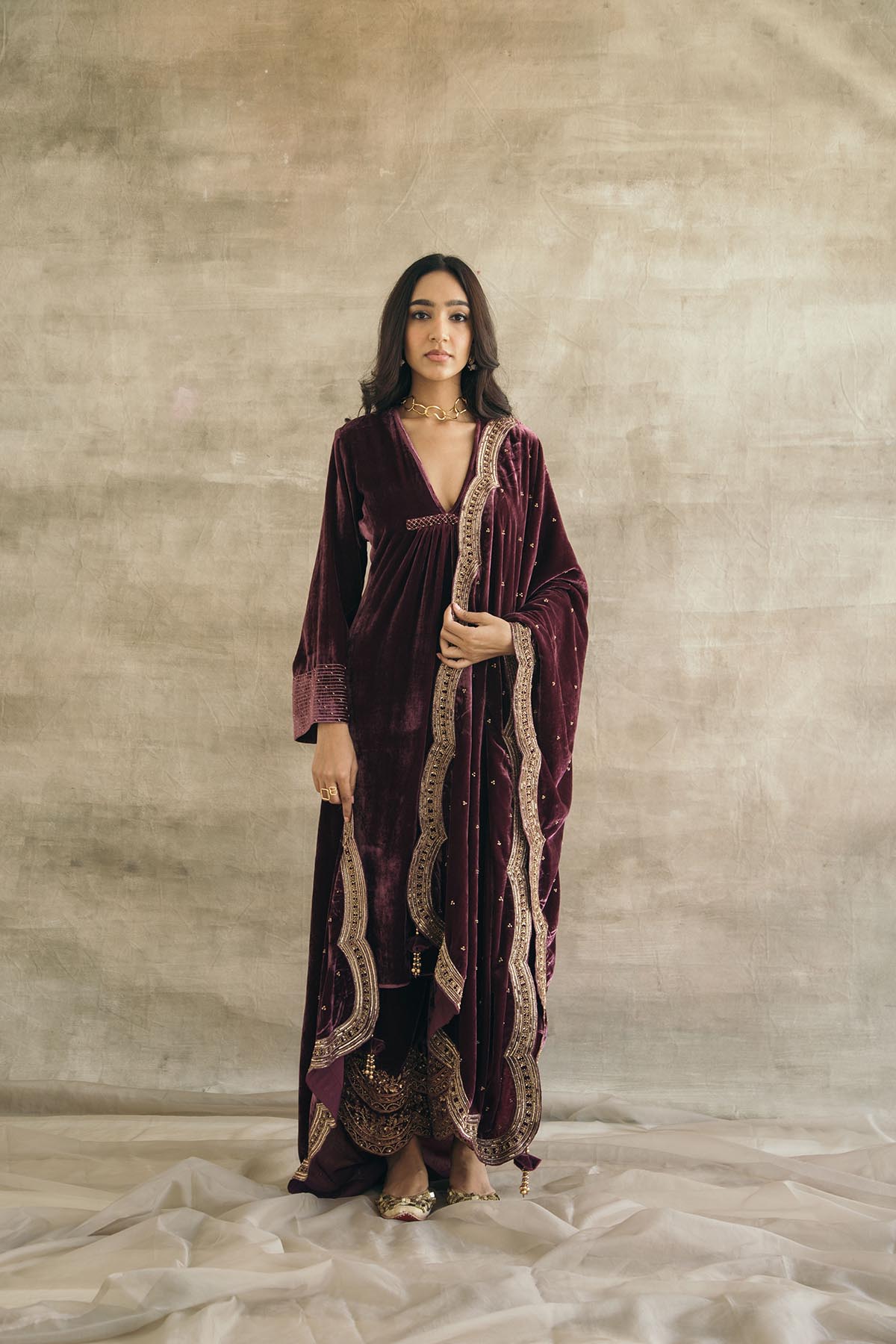 Wine Asymmetrical Silk Velvet Kurta Set