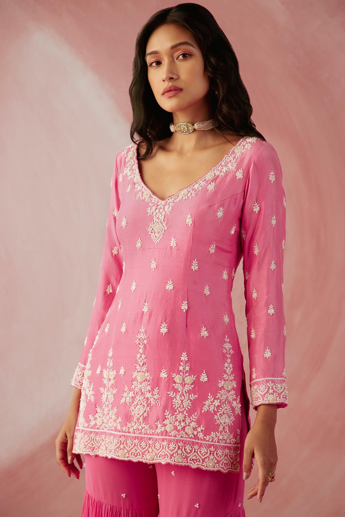 Fuschia Pink Pearl Gharara Set-RTS