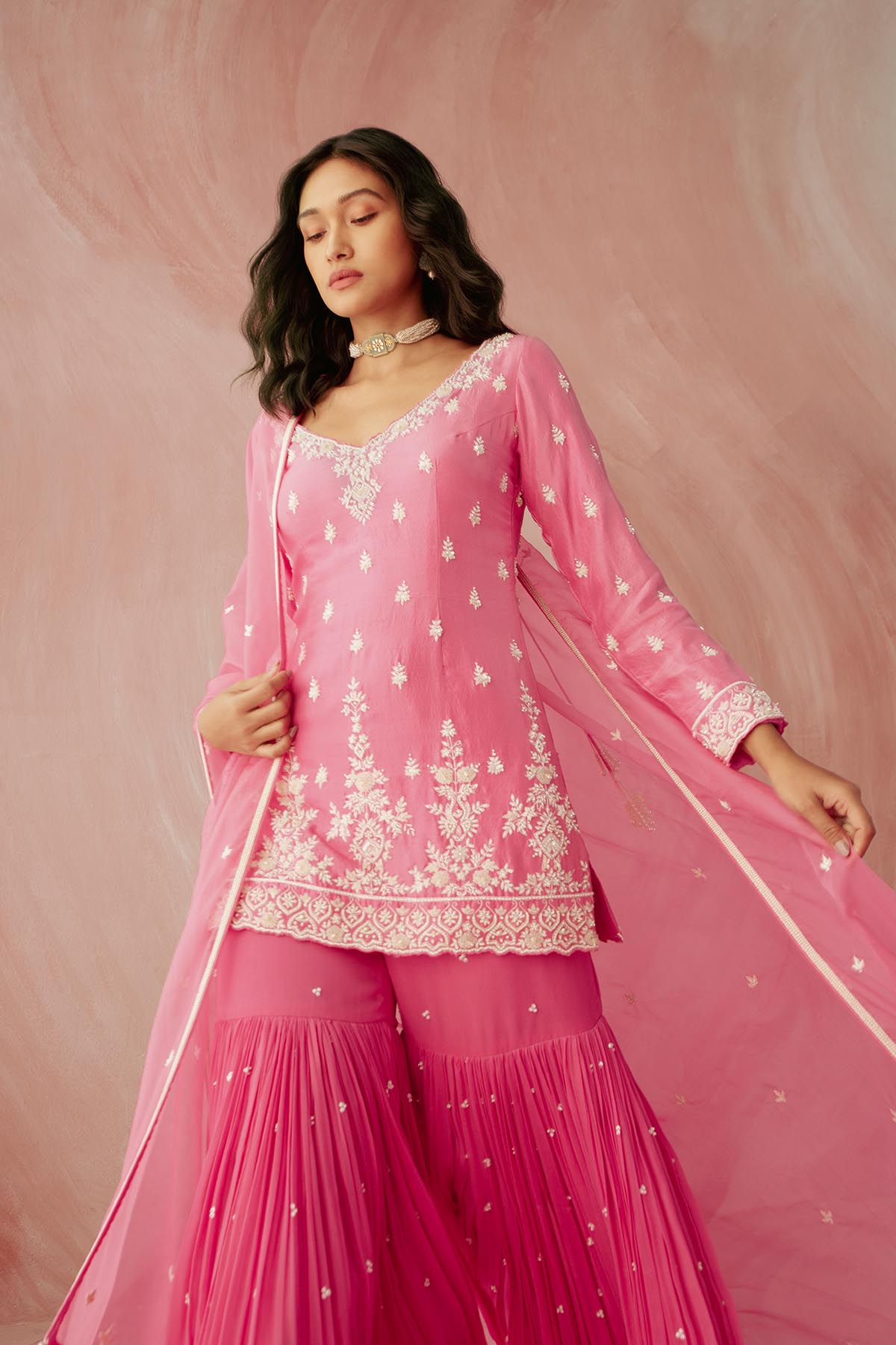 Fuschia Pink Pearl Gharara Set