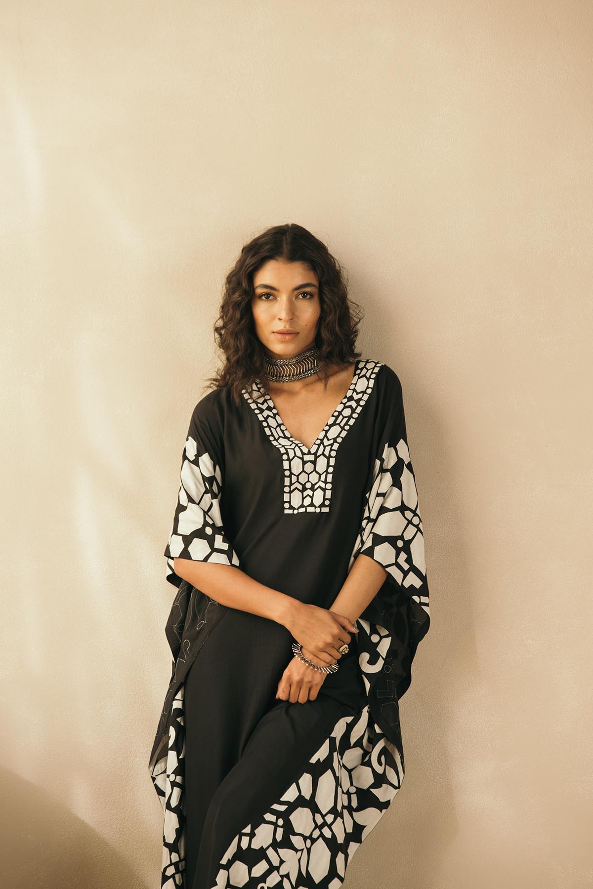 Midnight Black Abstract Appliqued Kaftan