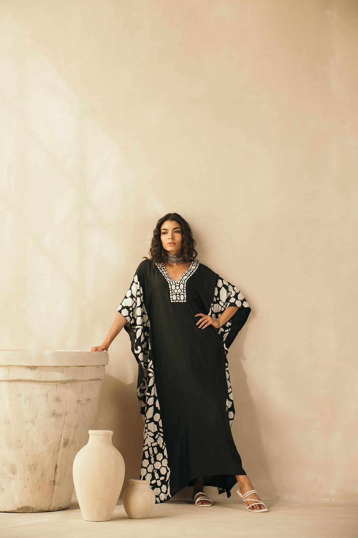 Midnight Black Abstract Appliqued Kaftan