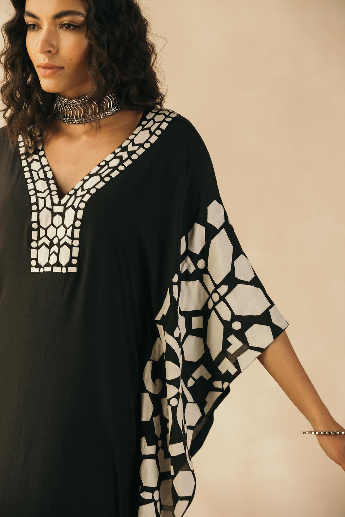 Midnight Black Abstract Appliqued Kaftan