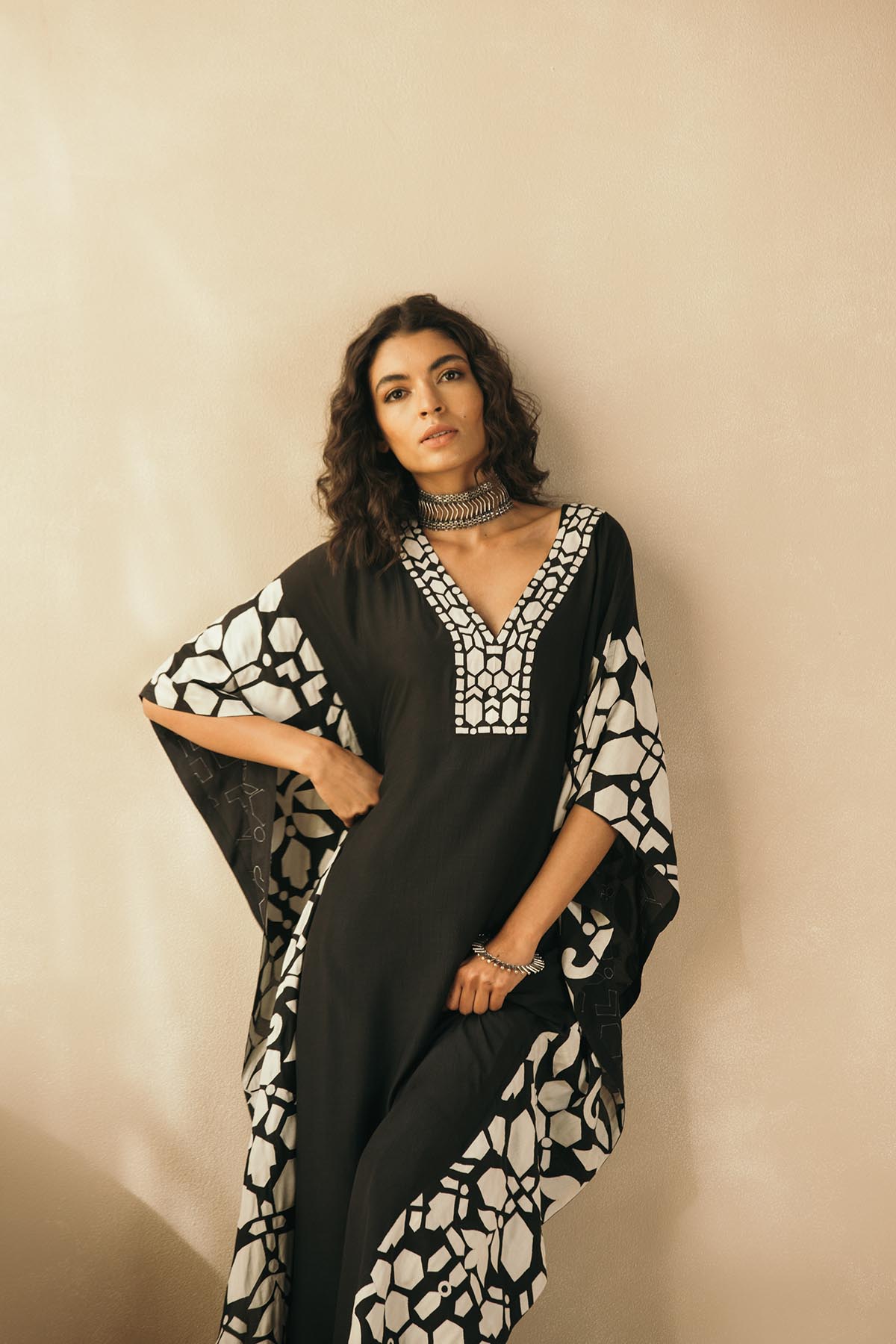 Midnight Black Appliqued Kaftan