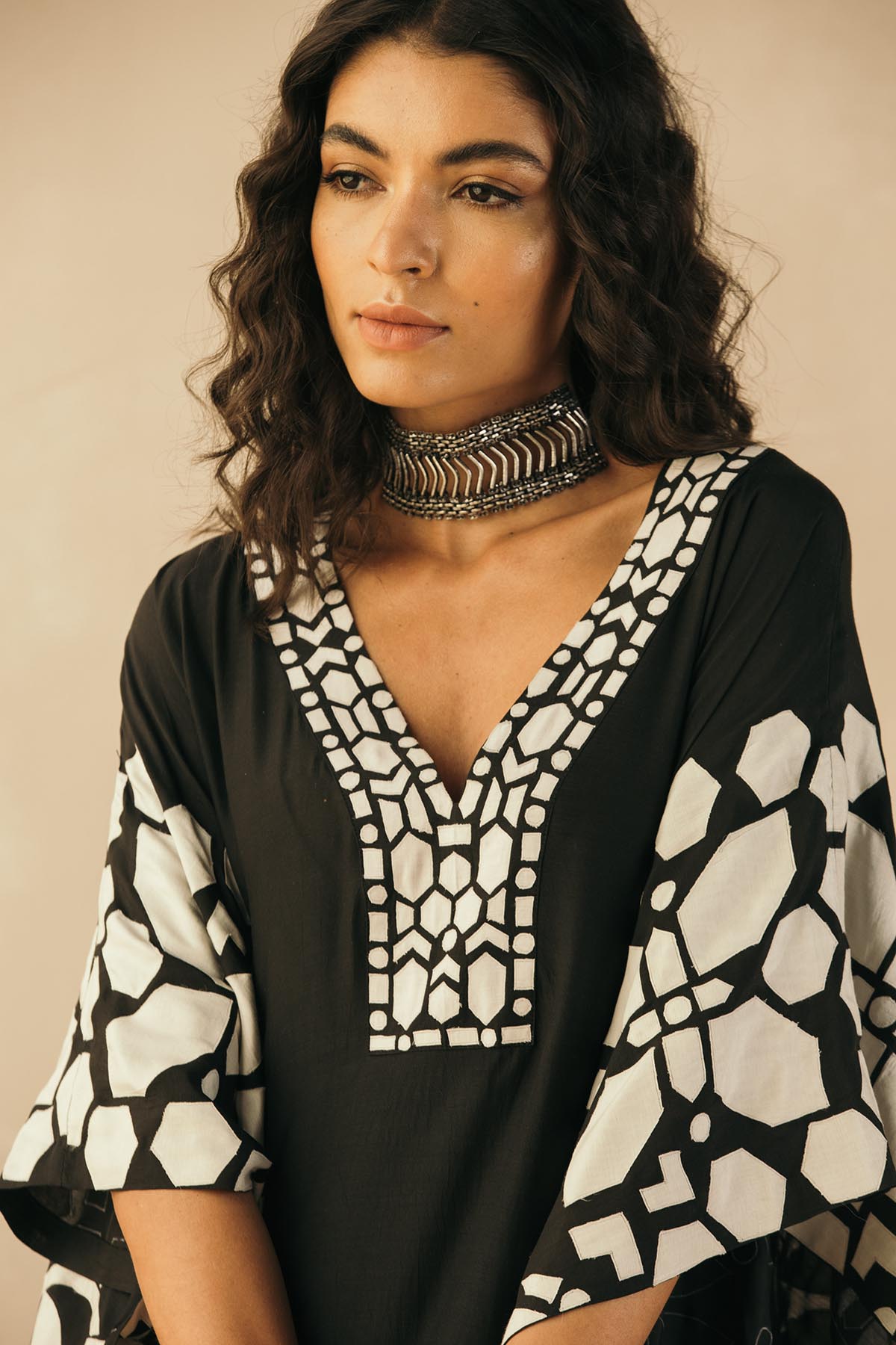 Midnight Black Abstract Appliqued Kaftan