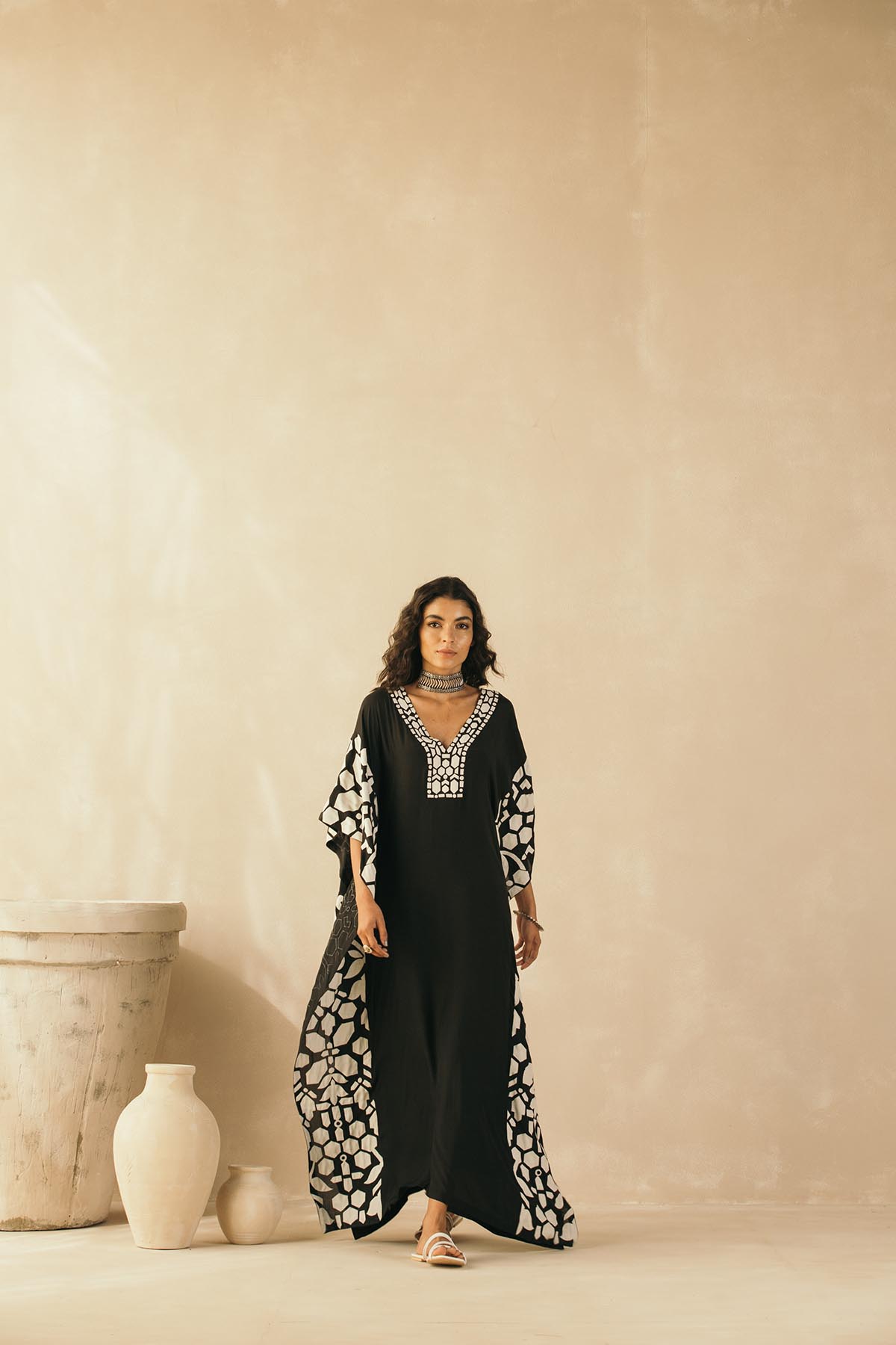 Midnight Black Abstract Appliqued Kaftan