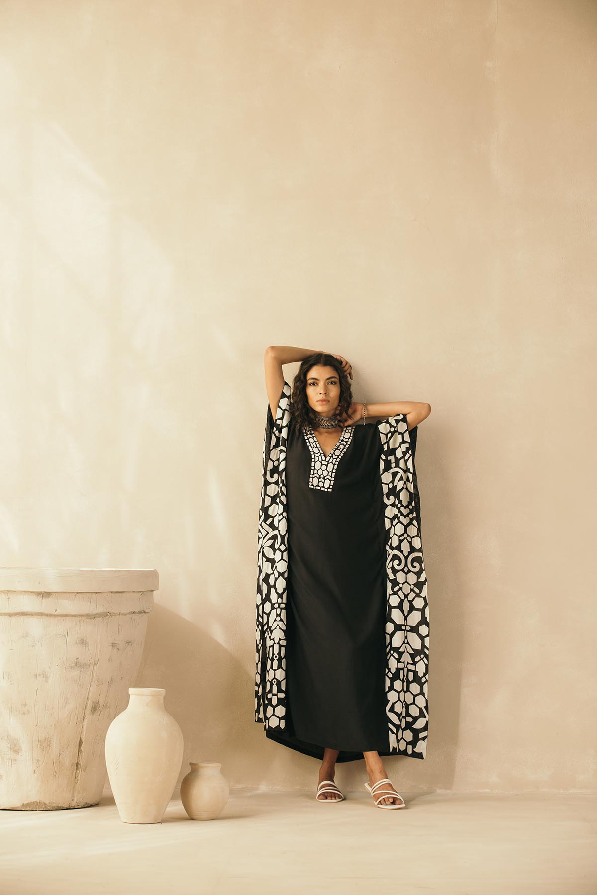 Midnight Black Abstract Appliqued Kaftan