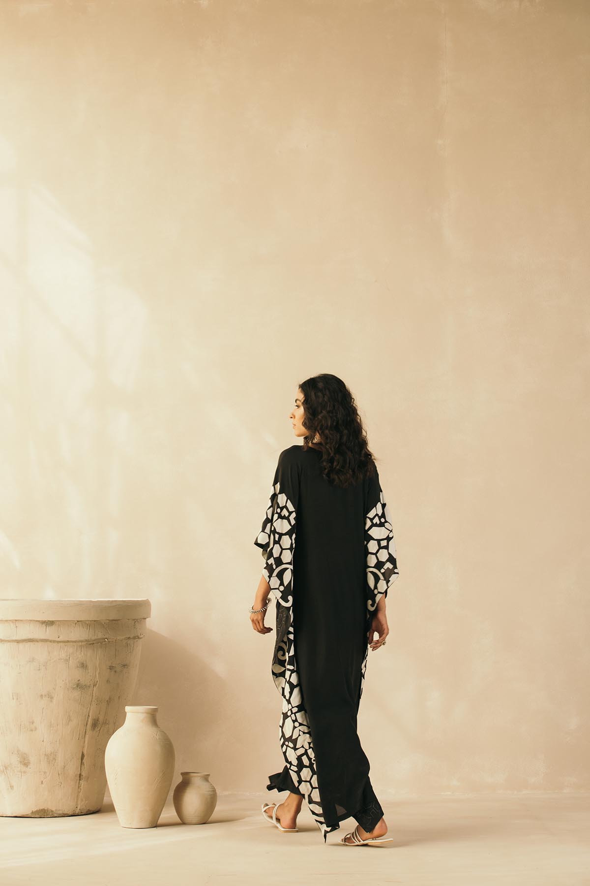 Midnight Black Abstract Appliqued Kaftan