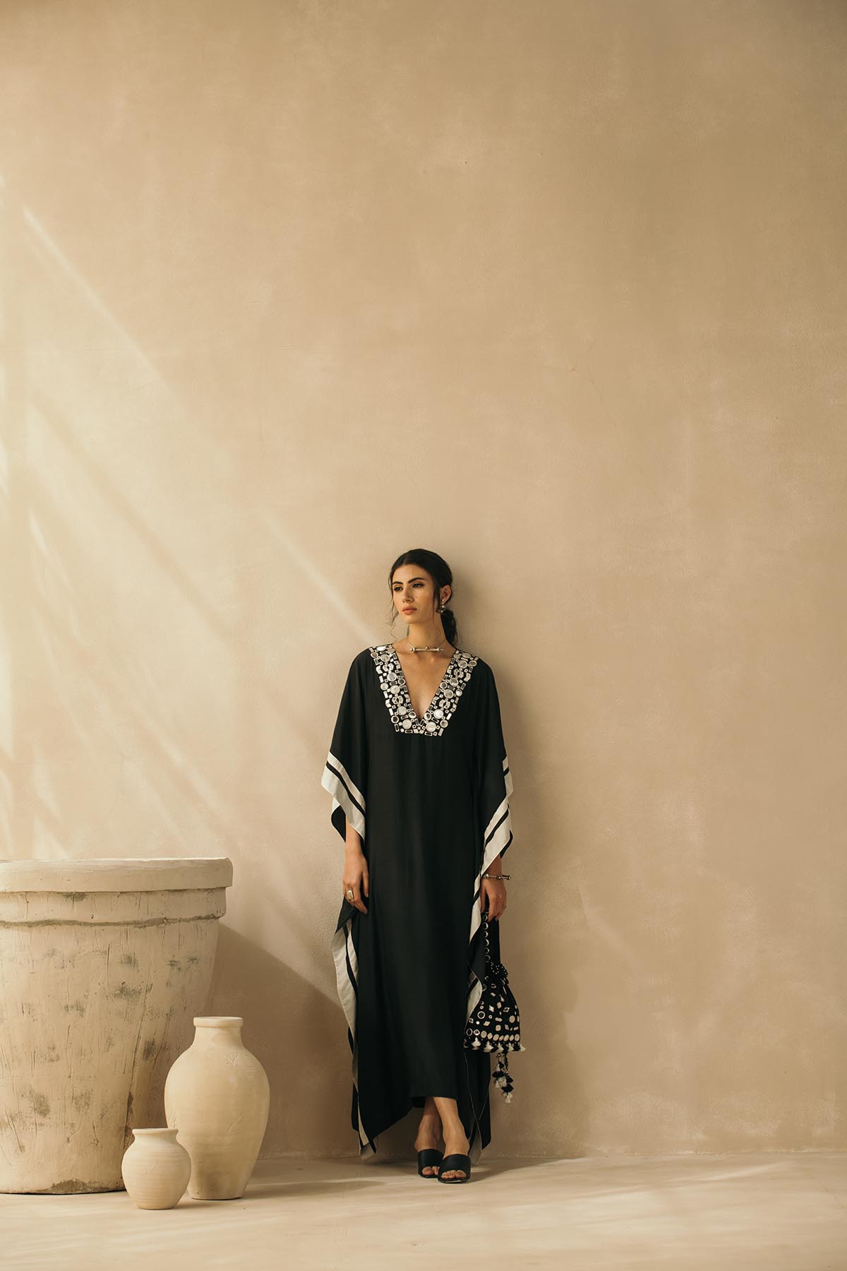 Midnight Black Abstract Mirror Kaftan