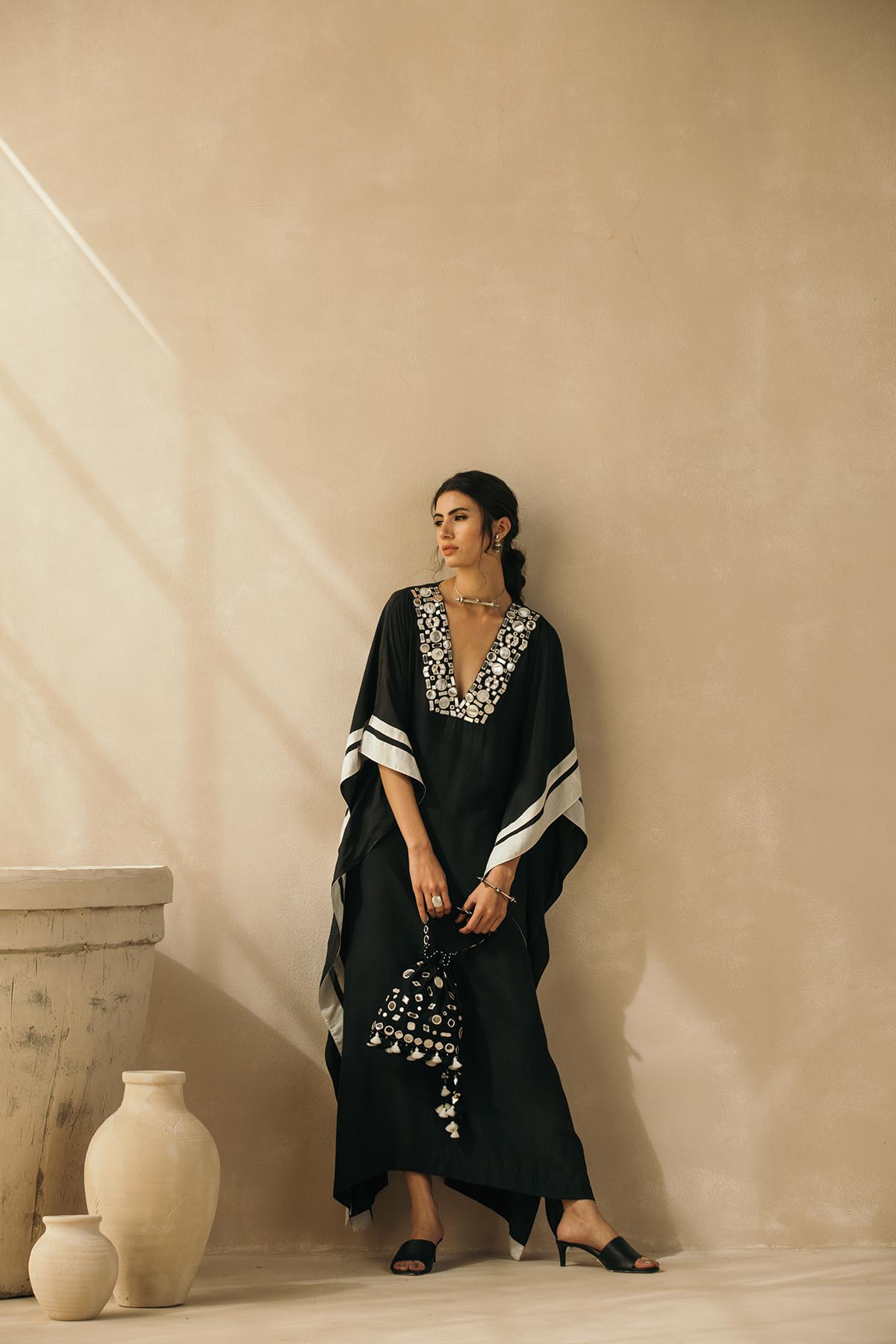 Midnight Black Abstract Mirror Kaftan