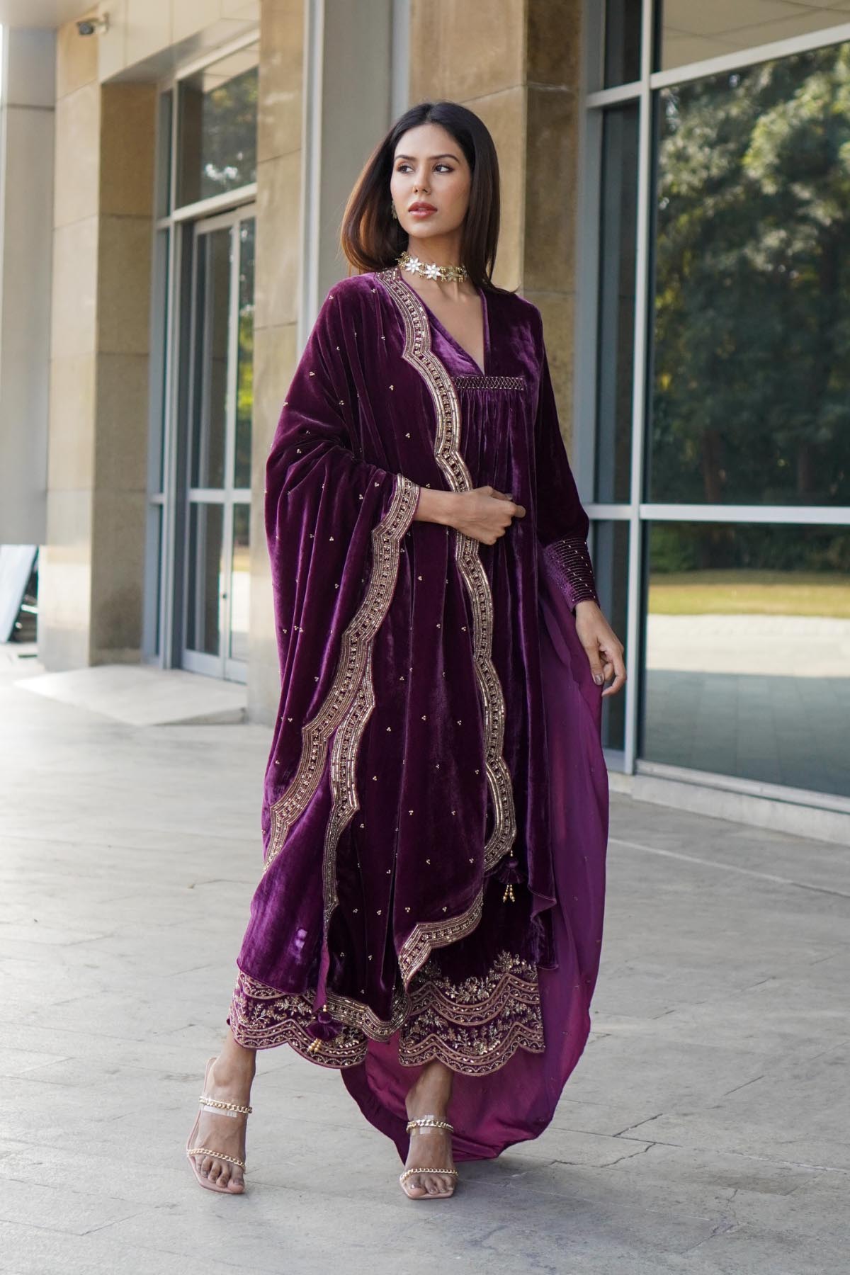 Asymmetrical Velvet Kurta Set