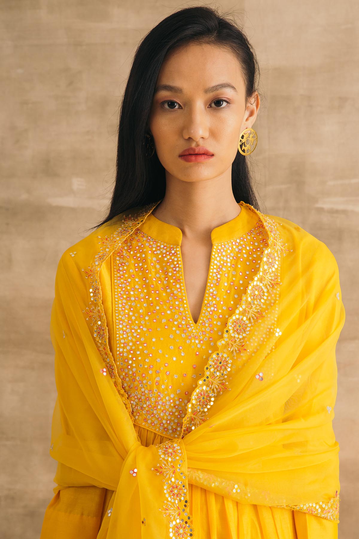 Yellow Mirror Yoke Kurta Set