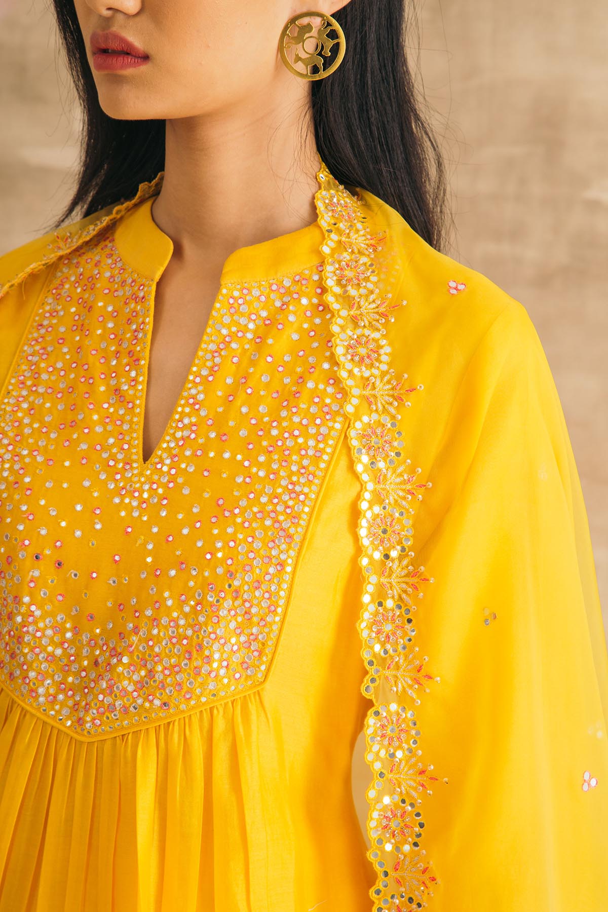 Yellow Mirror Yoke Kurta Set