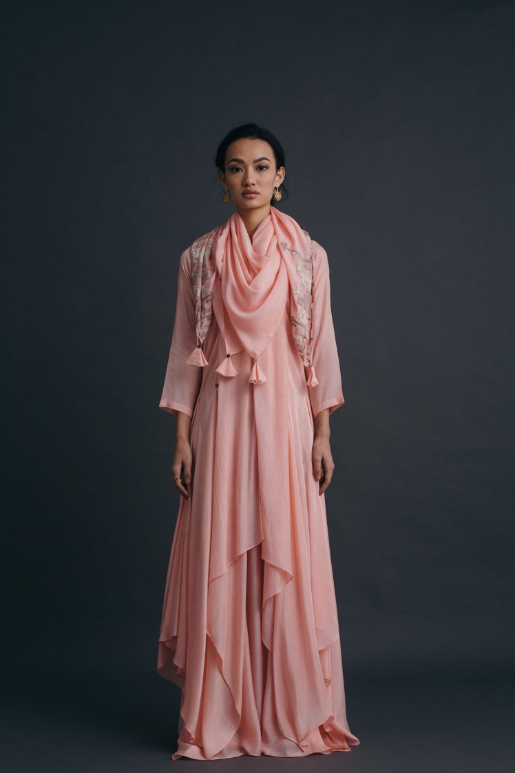 Blush Pink Abstract Cut Muslin Dress with Scarf