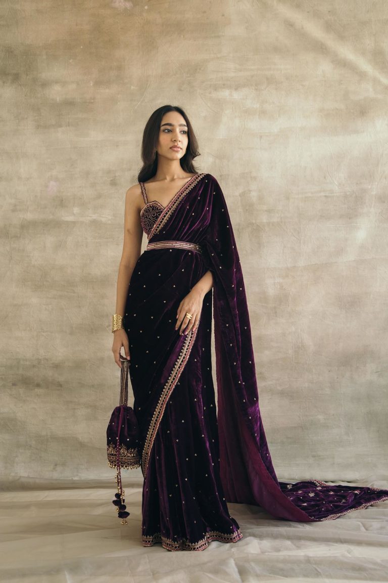 Plum Embroidered Silk Velvet Retro Sari