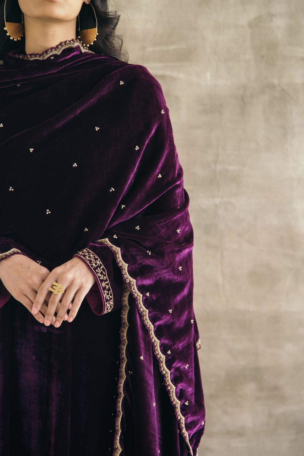 Plum Kalidaar Silk Velvet Kurta Set | Sureena Chowdhri