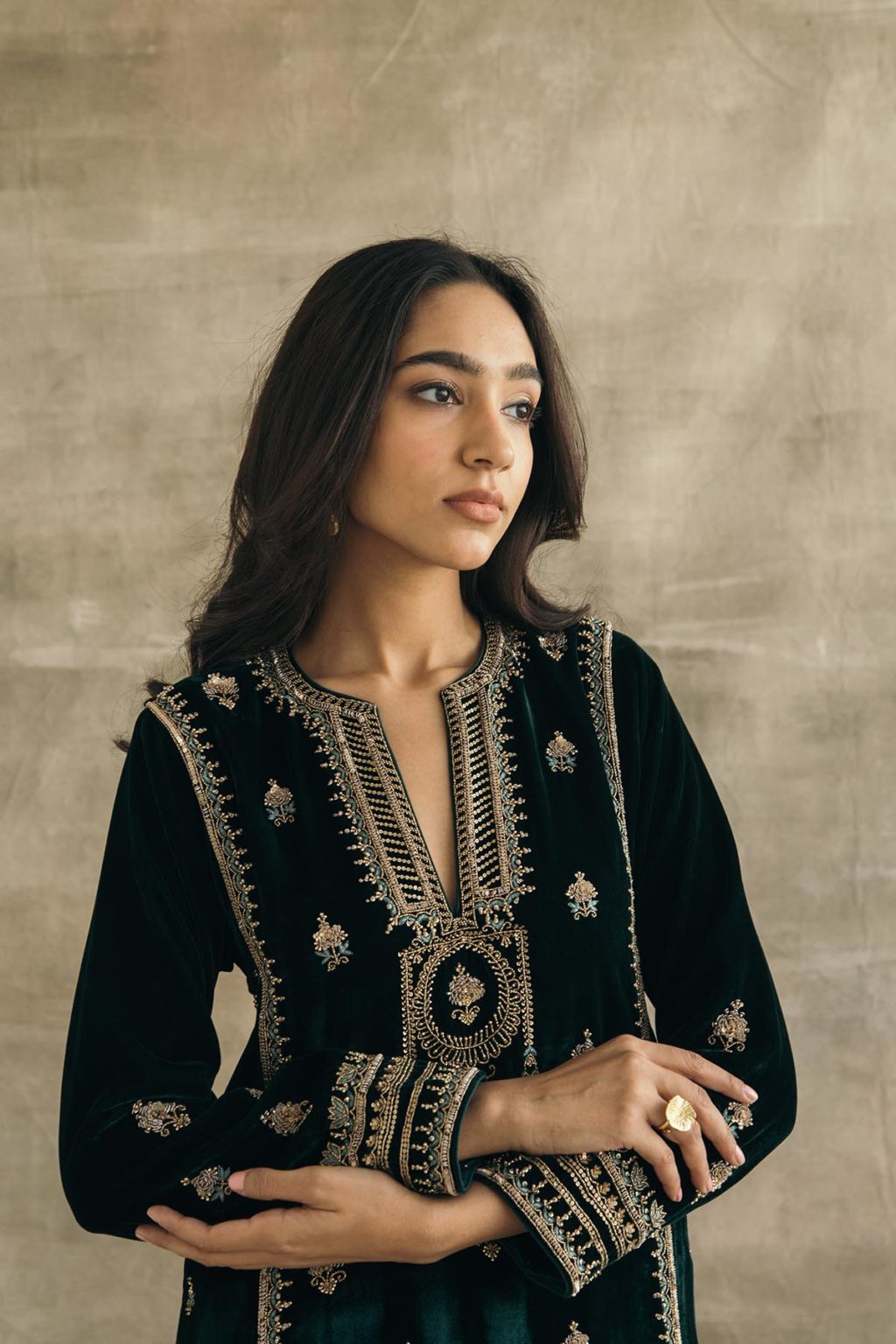 Silk Velvet Embroidered Mughal Kurta Set | Sureena Chowdhri