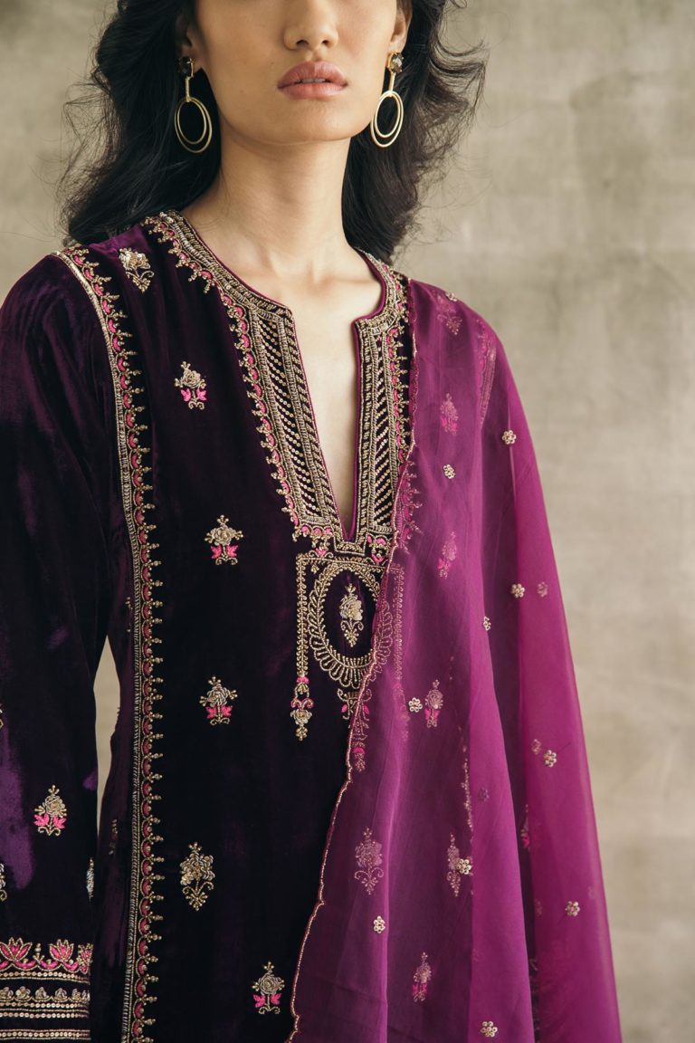 Silk Velvet Embroidered Mughal Kurta Set
