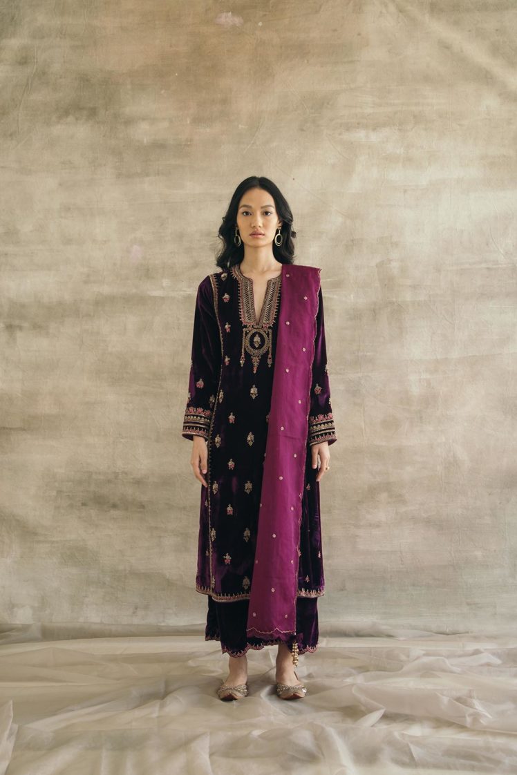 Silk Velvet Embroidered Mughal Kurta Set