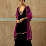 Black Contrast Patch Silk Velvet Gharara Set (With Dupatta) - RTS